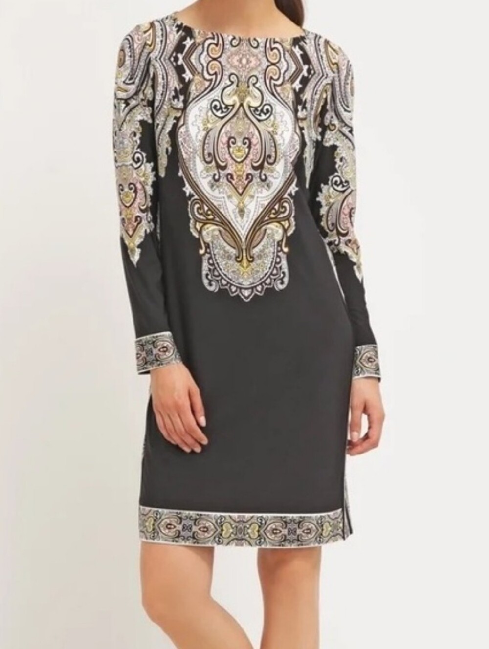 Donna Morgan Black Paisley-Print Long Sleeve Shift with Cream & Gold Accents